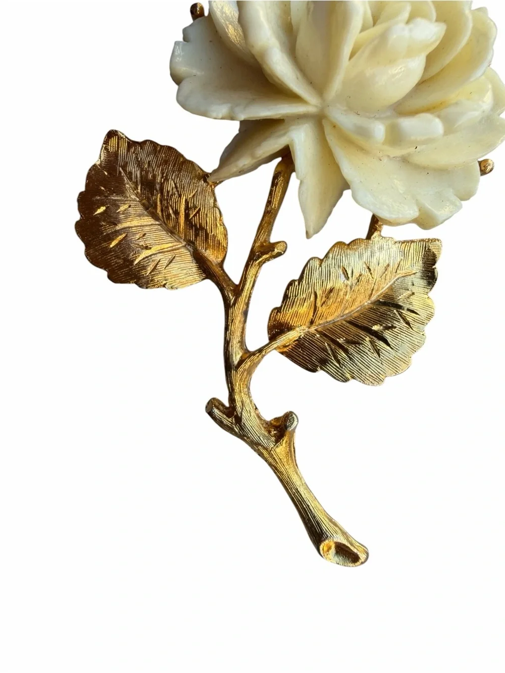Vintage Carved Ivory Rose Brooch Textured Gold Stem Pin